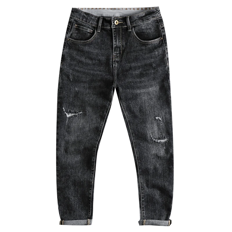 Embroidered letters washed retro black gray jeans men's autumn and winter European and American trend cotton elastic slim small