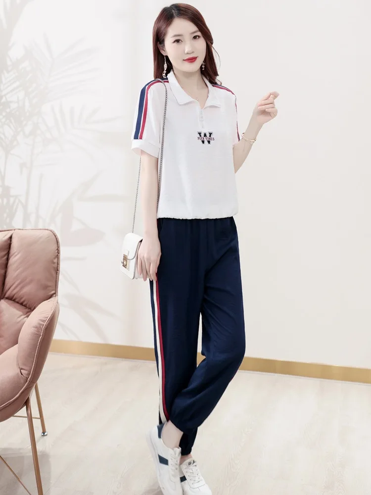 

Summer Casual Tracksuit Two Piece Sets For Women 2023 Elegant Hooded Short Sleeve Tops Haren Pants Fashion Sports Trousers Suit