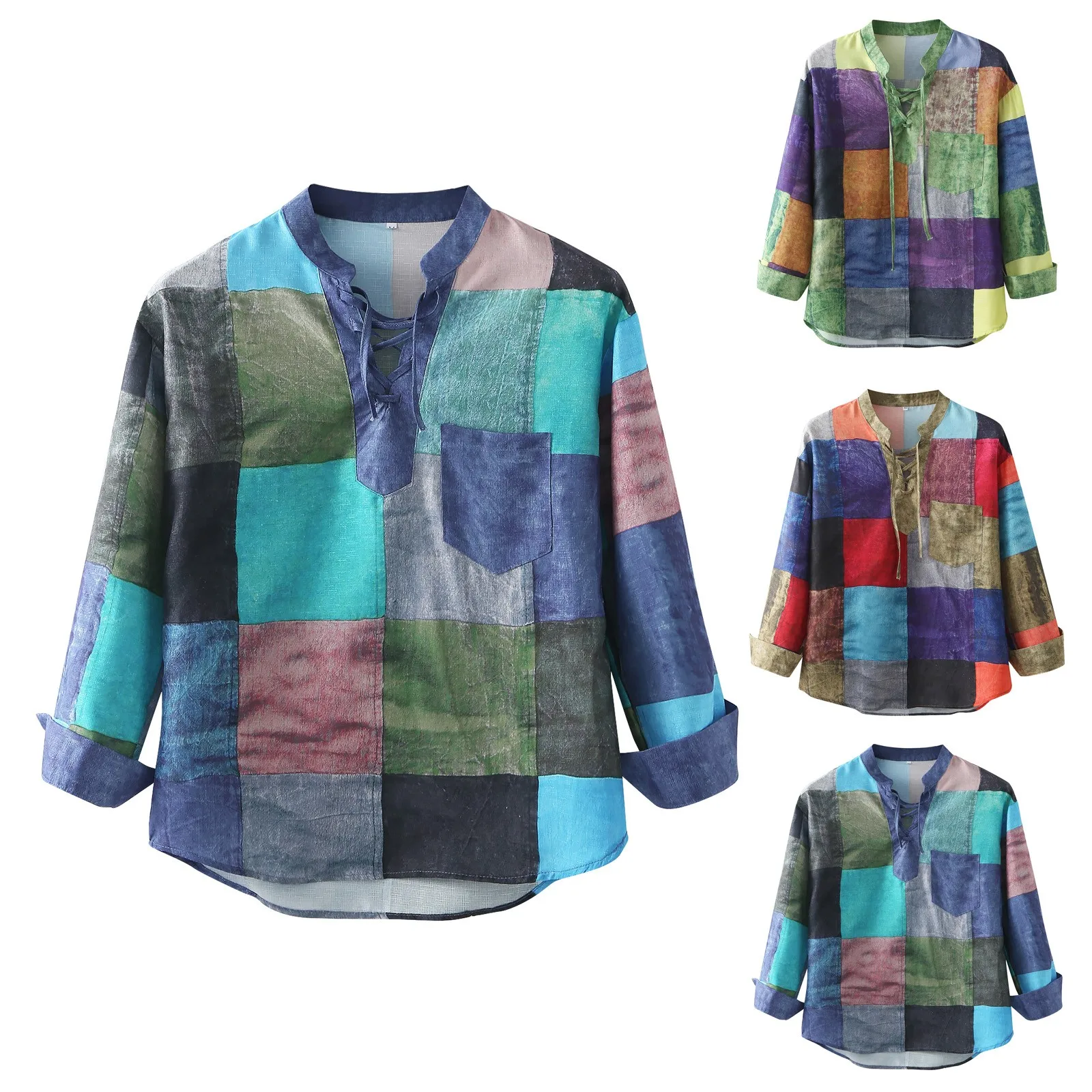 

Men's Autumn and Winter Shirt Slim Tethered Long Sleeve Shirt Fashion Printed Color Irregular Block men shirts 2021 designer