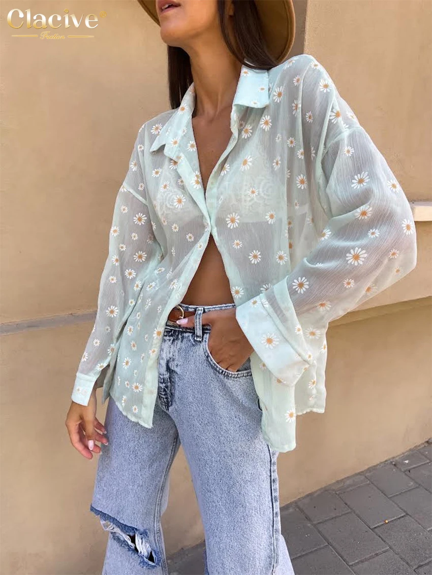 

Clacive Chic Transparent Floral Blouse Women Spring Summer 2022 Ladies Printing Shirts Long Sleeve Casual Female Crepe Tops