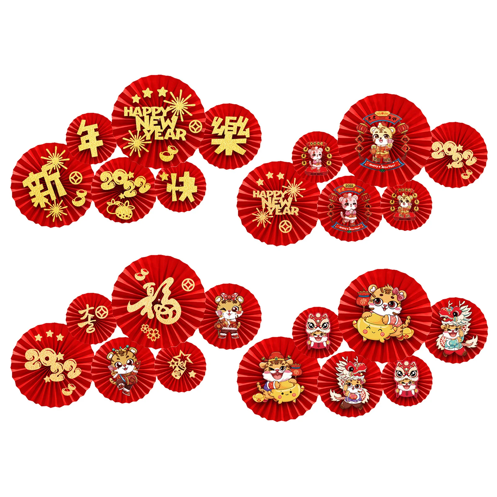 

6pcs Red Chinese New Year Paper Fan Decoration Happy New Year 2022 Tiger Years Party Window Wall Decoration Red Round Paper Fans