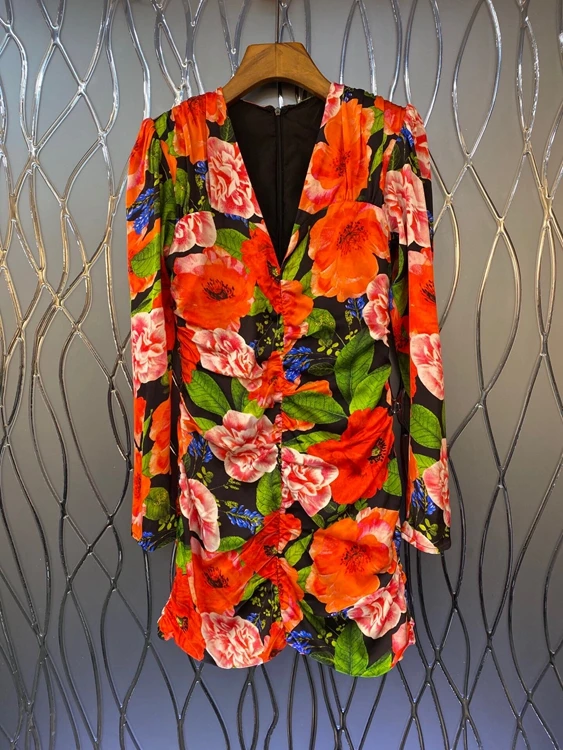 

2022 new women fashion V-neck flower pattern color matching decoration wrinkled kink long-sleeved skirt dress 0121