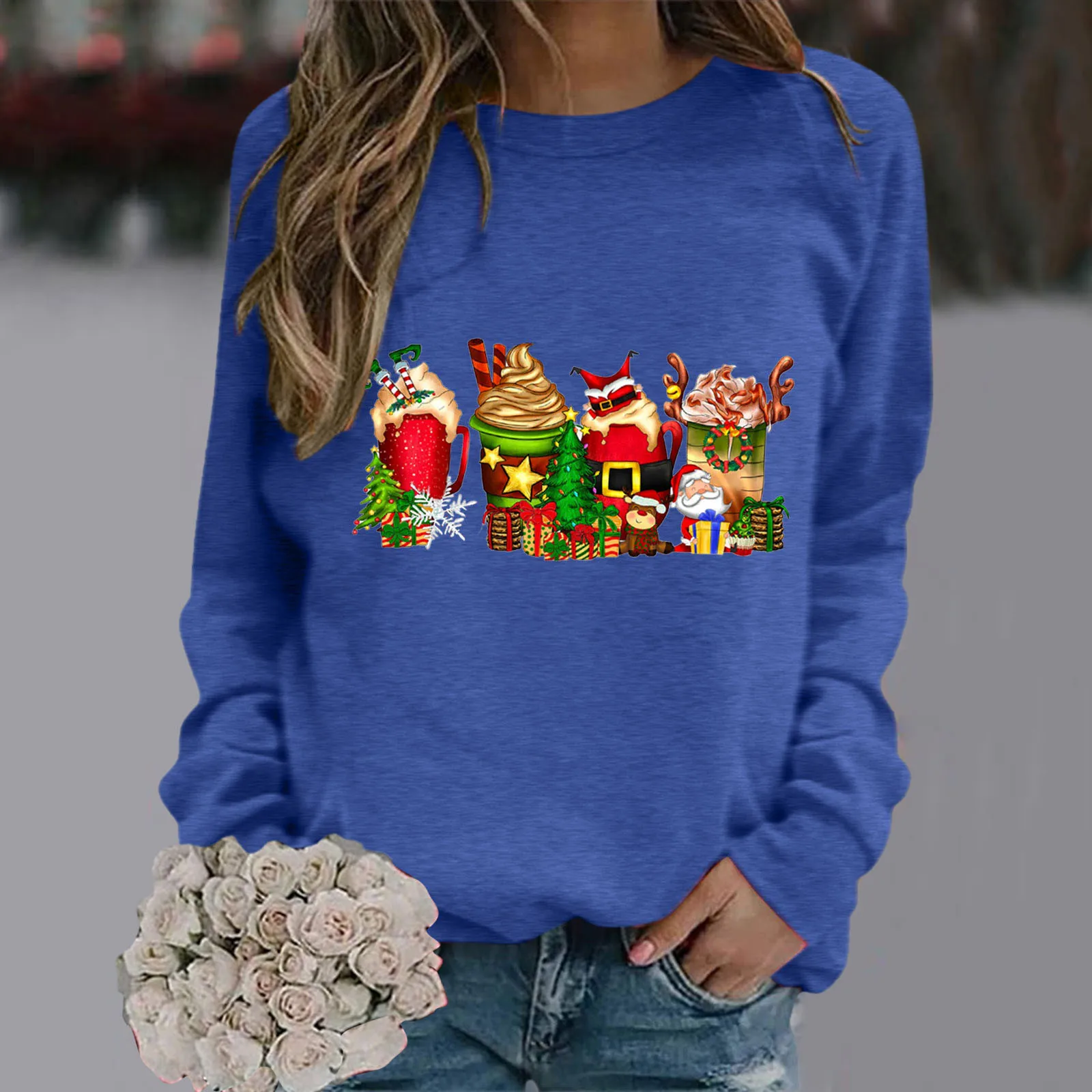 

Womens Cute Print Pattern Casual Loose Solid Color Round Neck Top With Solid Color Long Sleeve Loose Round Neck Christmas