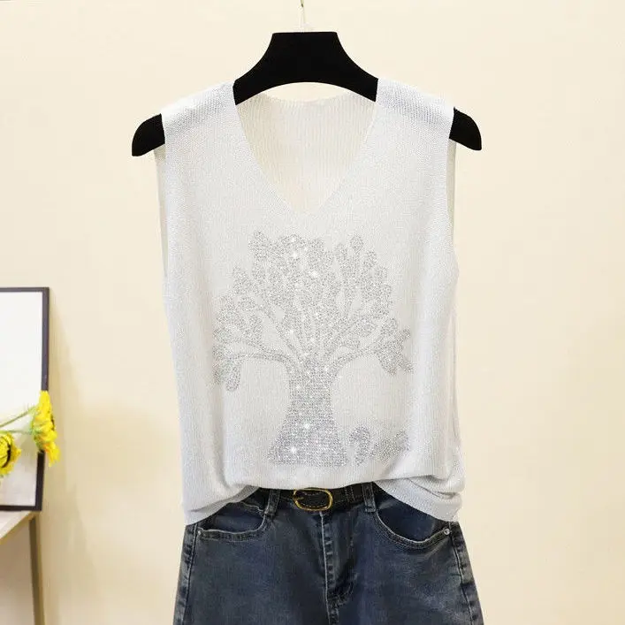 

2022 New Rhinestone Summer ice silk knit Tank Women Sleeveless Knit vest Top White Black Women's loose Camisole tops White