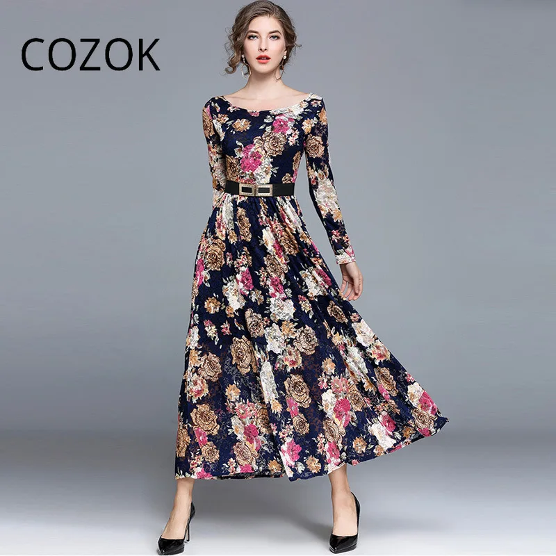 

COZOK Retro Fashion Women Dress Word Collar Long Sleeve Printed Dress Long Skirt A-Line Slim Fit Vintage Vestidos Maxi Dresses