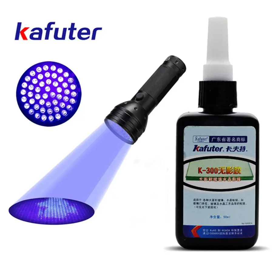 

2023NEW Kafuter K-300 50ml Transparent UV Glue UV Curing Adhesive Crystal and Glass Adhesive with 51 LED /9 LED UV Flashlight