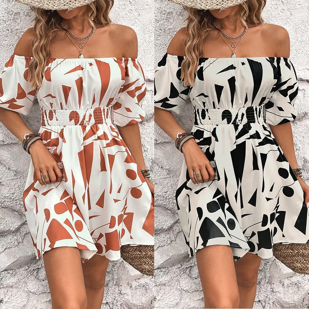 

Sexy Off Shoulder Short Sleeve Mini Dress Women 2023 Summer Print Beach Elegant Elastic Waist Ladies Dresses For Women
