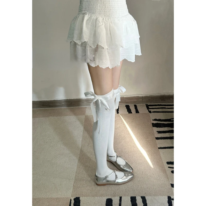 Satin Lace Bow over the Knee Hold-Ups Japanese White Cotton Strap Thigh High Socks