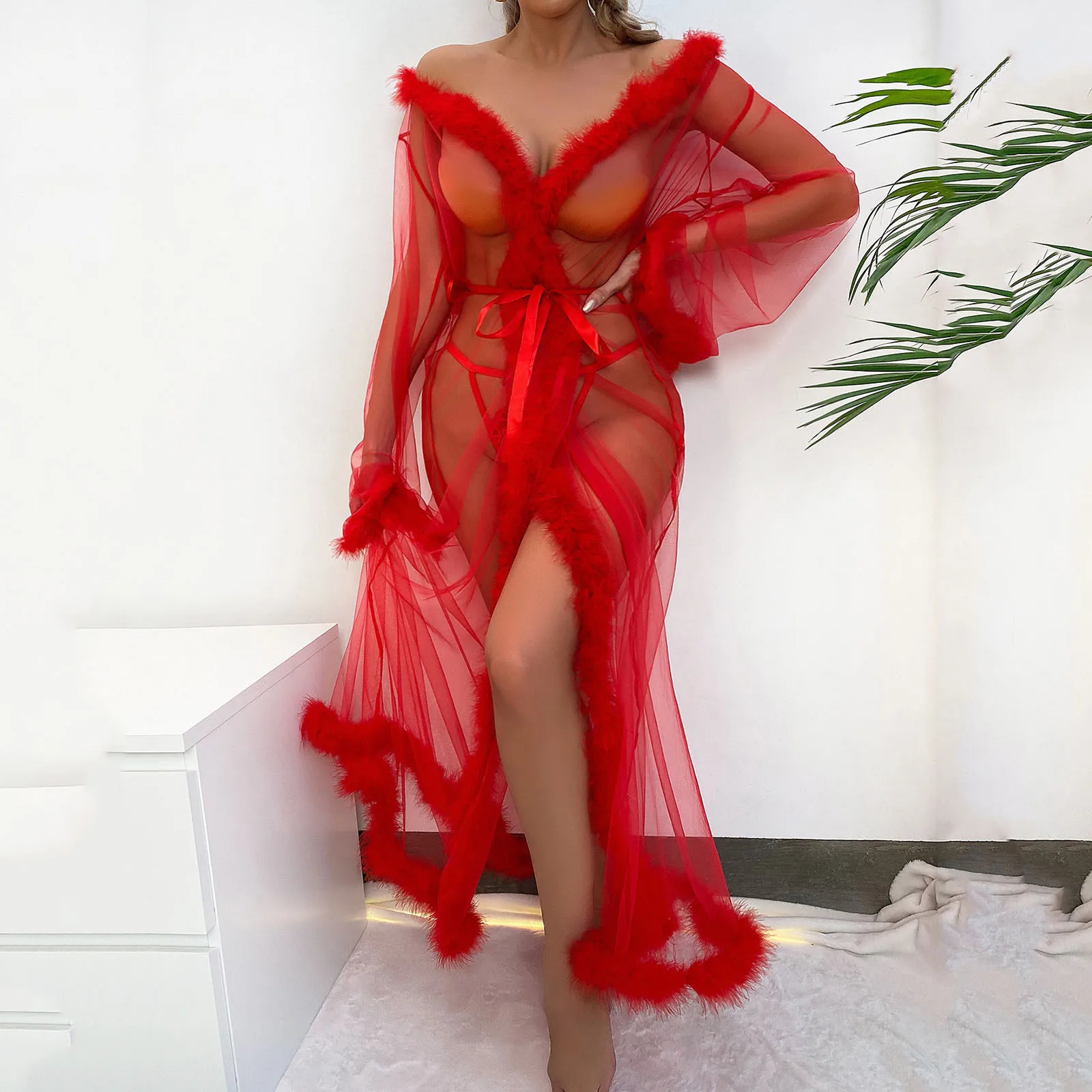 

Women Robe Long Nightgown Bathrobe Sleepwear Feather Bridal Robe Lace Lingerie Night Wear Bathrobes Mesh Sheer See Through Robe