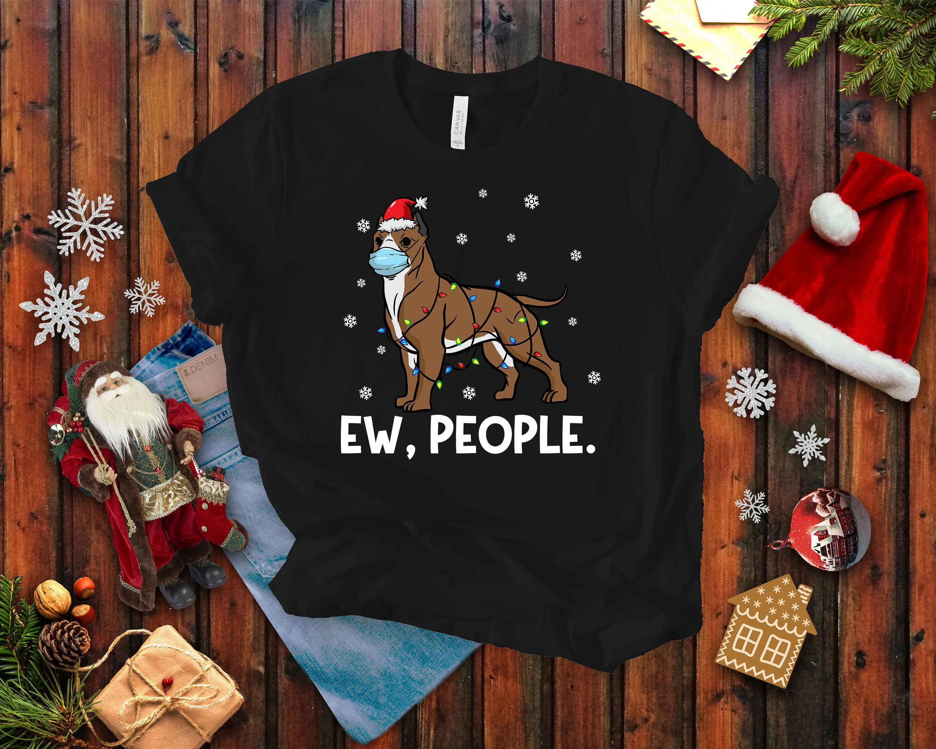 Ew People Pitbull Dog Santa Wearing Маска для лица Футболка Рождественский любовник Забавный