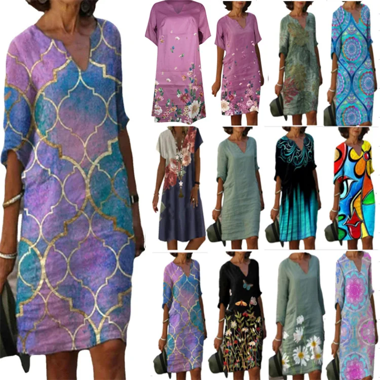 

2023 New Casual Mid length Dress Printed V-neck Women's Sexy Dress Multi color