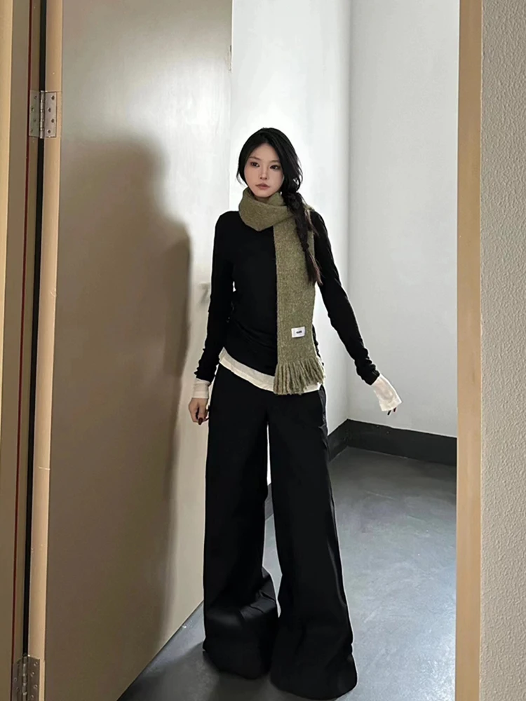 Женская рубашка с длинным рукавом черная Облегающая имитацией двух предметов