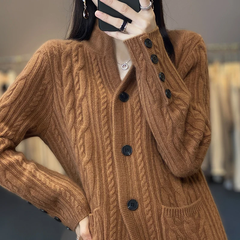 Autumn and Winter 2022 New Stand Collar Pure Cashmere Cardigan Women's Twisted Flower Outwear Sweater Loose Slim Knitted Coat enlarge