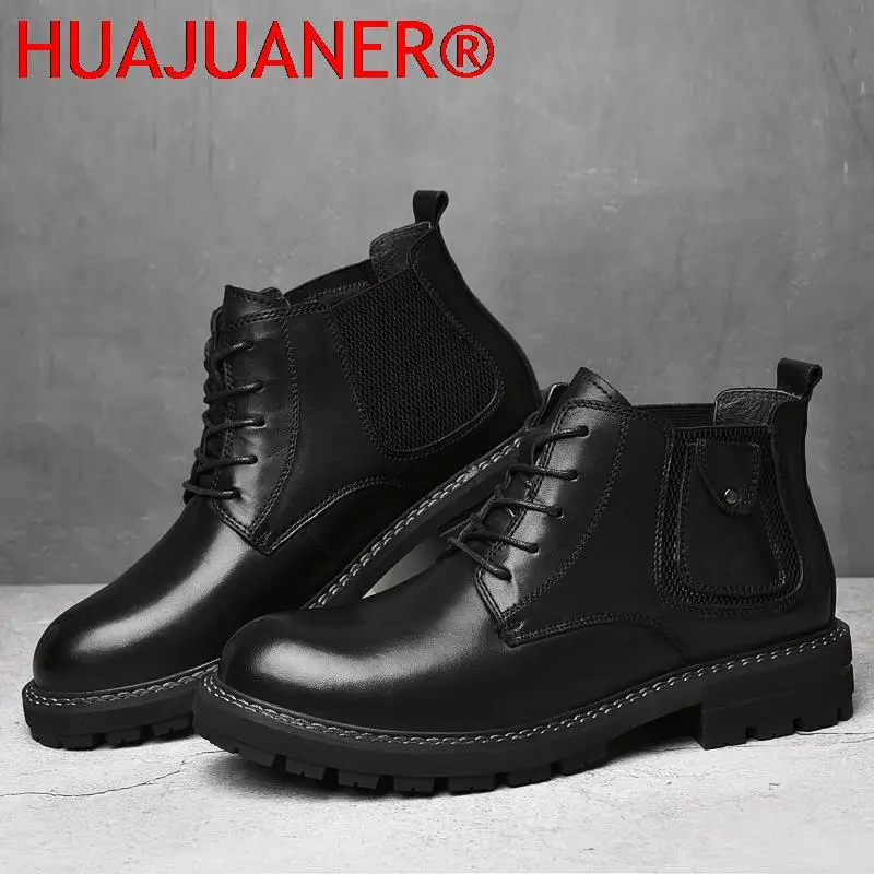 High Quality Genuine Leather Motocycle Boots Mens Dress Shoes Upscale Men Boots Retro Casual Shoes Male Business Platform Shoes