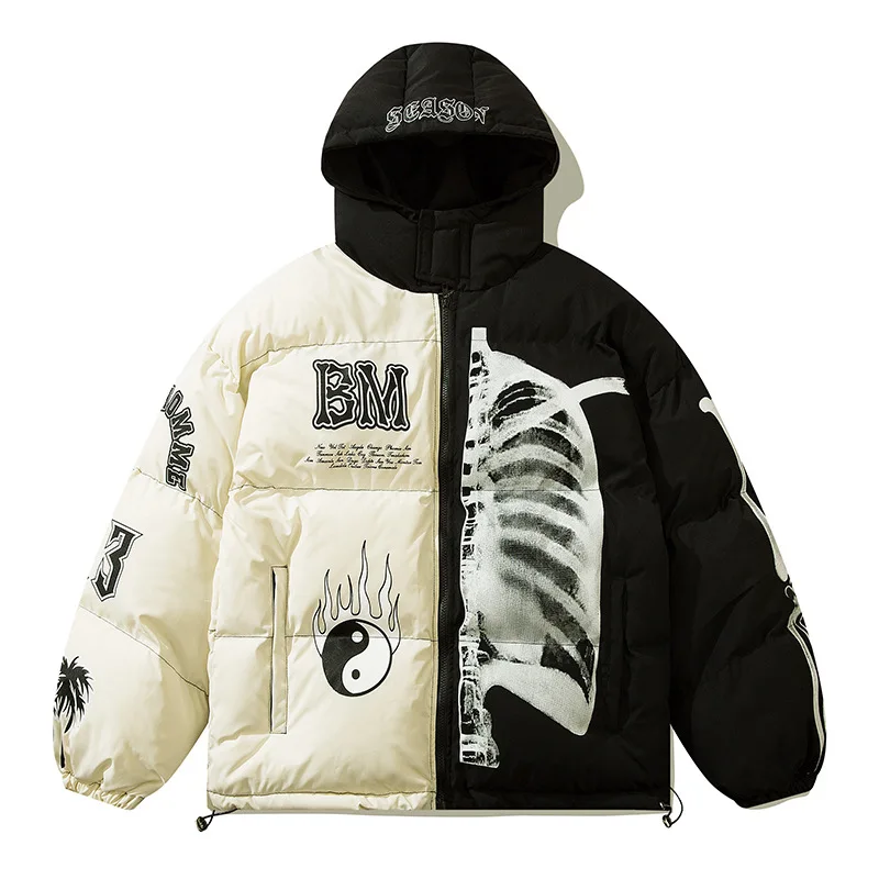 

Mens Winter Hooded Parka Jacket Yin Yang Skeleton Print Streetwear Oversized Coat Harajuku Loose Thick Warm Outwear Unisex