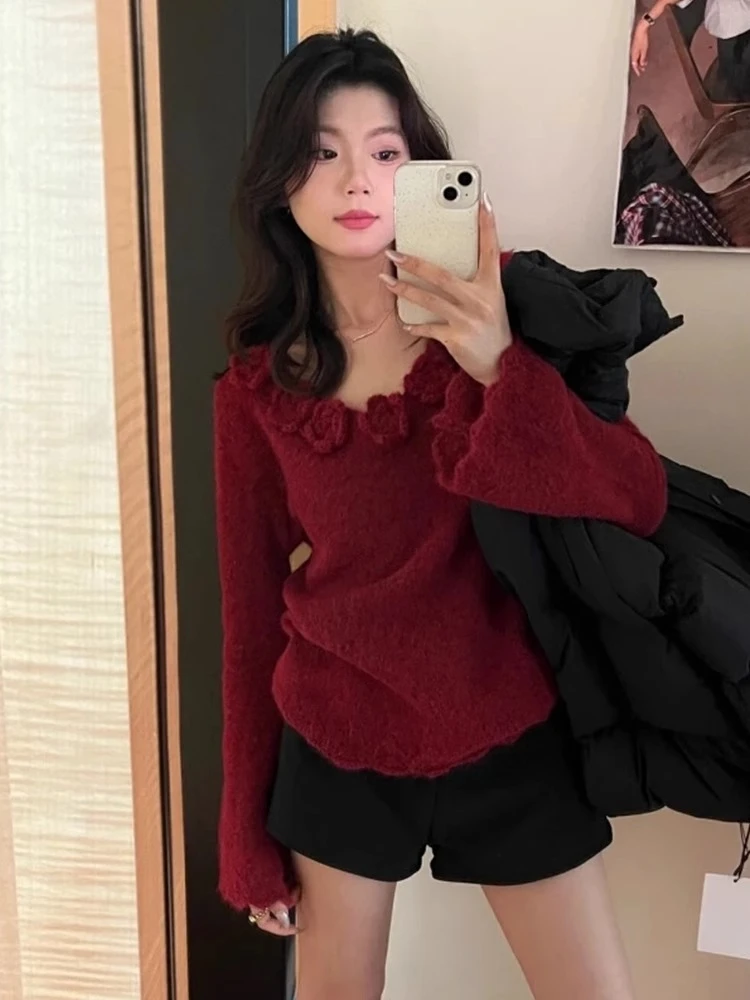 Свитер с 3D цветочным принтом топы женская одежда милый однотонный джемпер Pull Femme