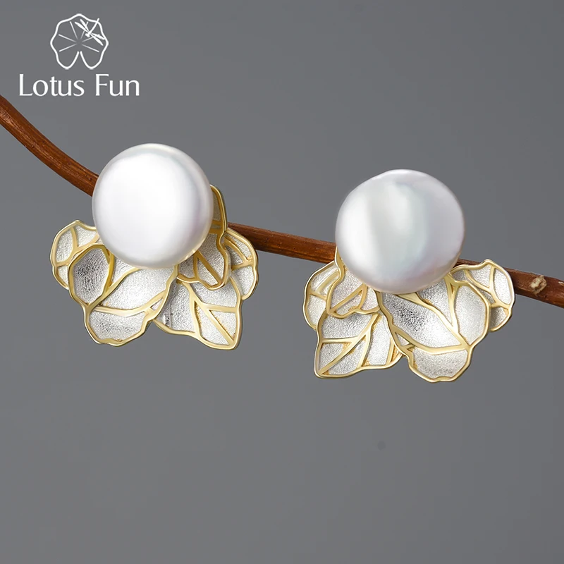 Lotus Fun Unusual Vintage Natural Baroque Pearl Leaves Stud Earrings for Women Real 925 Sterling Silver Original Fashion Jewelry