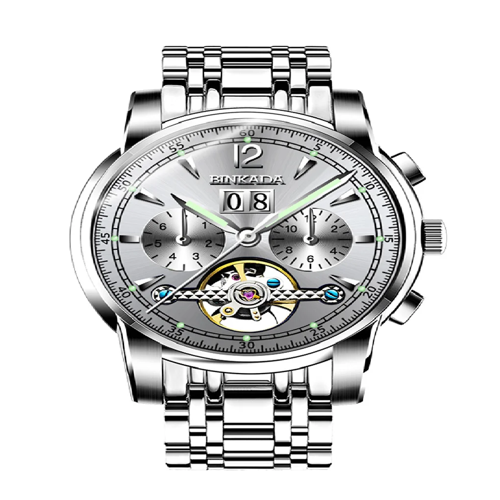

Оригинальные Мужские механические часы Binkada, новинка 2020, полностью автоматические водонепроницаемые светящиеся мужские часы с вырезами