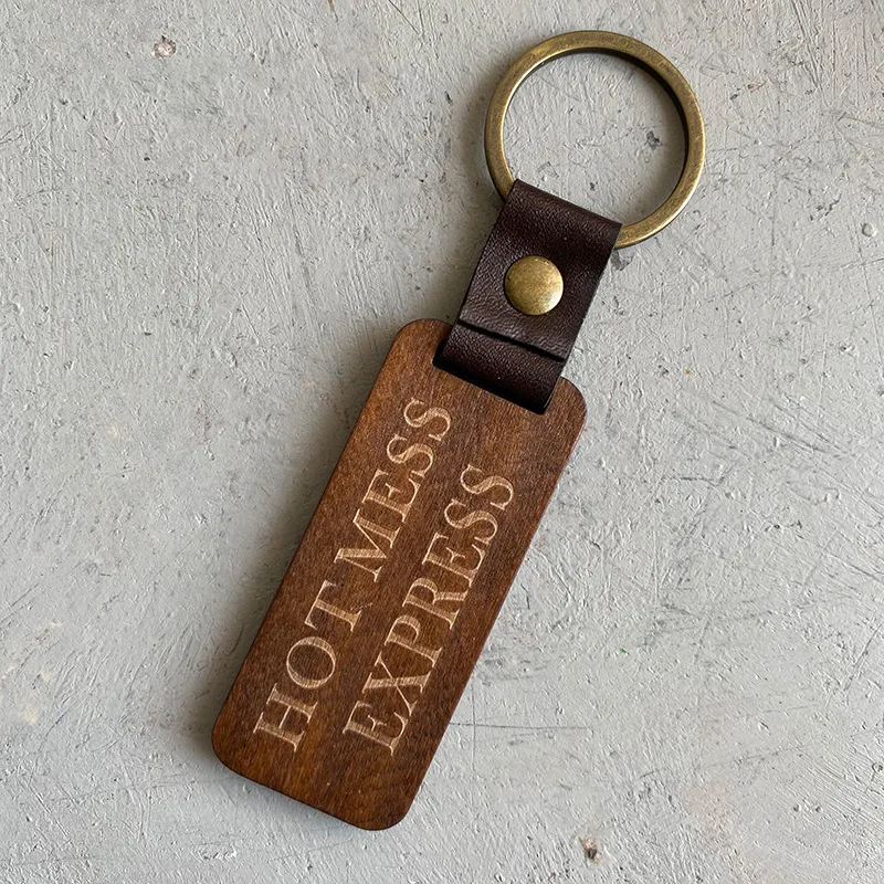 Diy Vintage Keychain Blanks  PU Leather Wooden Keyring For Men And Women Custom Letters Patterns Car Retro Key Chains Gift