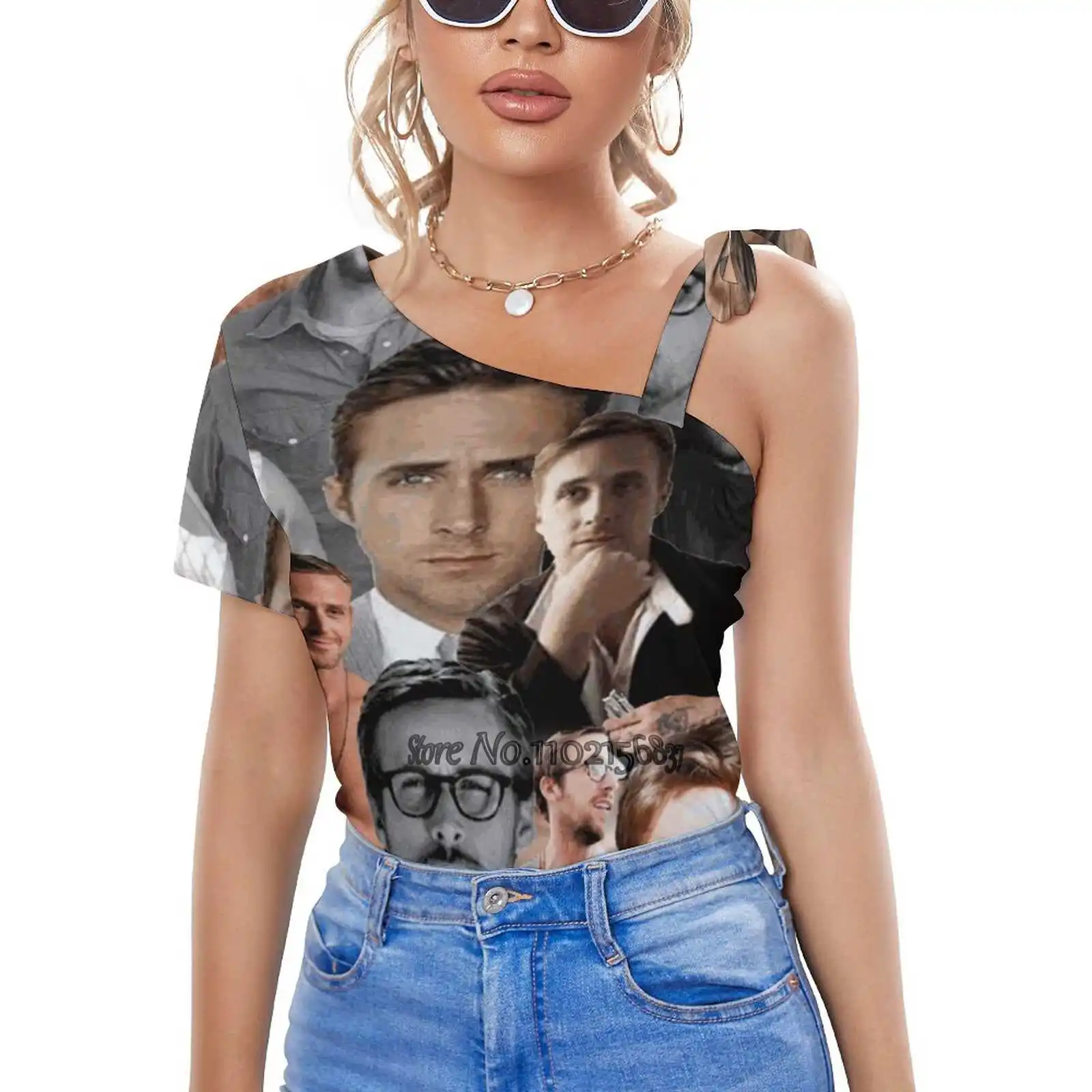 

Женская футболка на одно плечо, со шнуровкой и коллажем