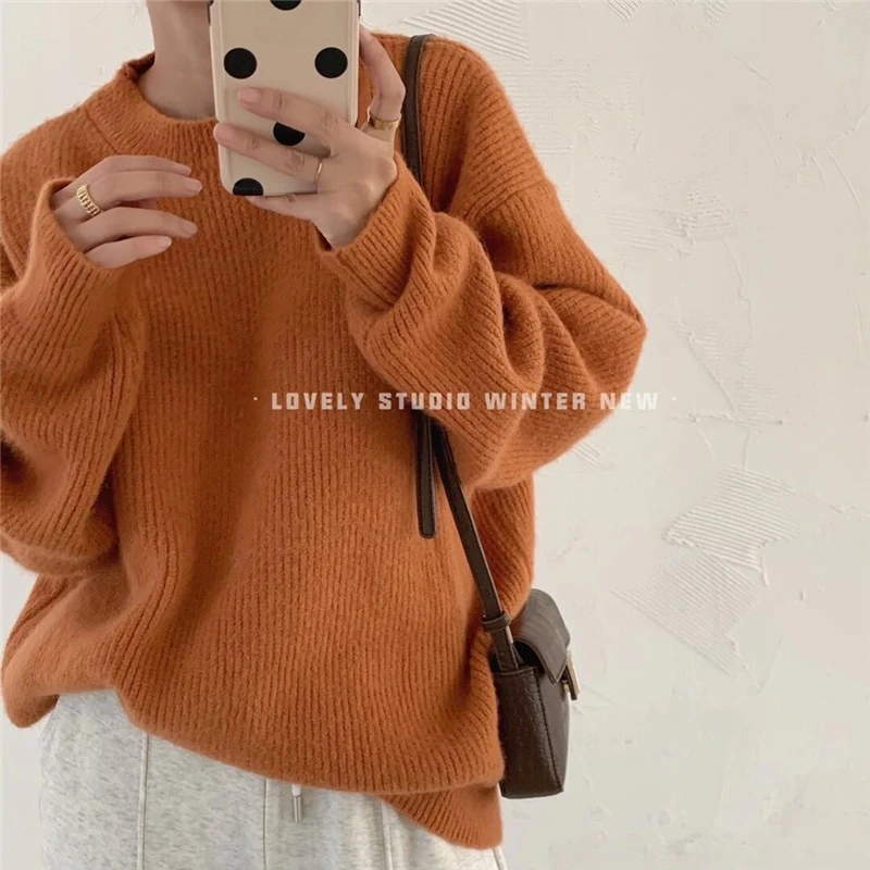 

Limiguyue оранжевые вязаные свитера Свободный японский женский джемпер осень-зима пуловеры с круглым вырезом Харадзюку повседневная трикотажная простая J95