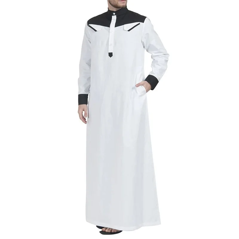 Muslim Arabic Long Sleeves Men Clothing Loose Stand Collar Patchwork Abaya Robe Middle East Islamic Dubai Jubba Thobe Pockets