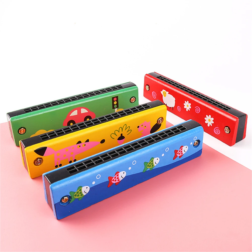 Buy 16 Holes Wooden Harmonica Cute Cartoon Printed Mouth Organ Kids Music Instrument Educational Birthday Toy Gift on