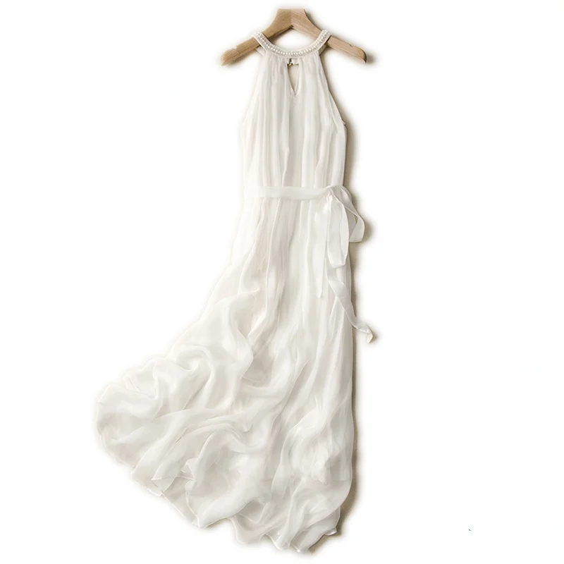 Mulberry Silk Women Summer Bohemian White Elegant Princess Sweet Crew Neck Sleeveless A-line Long Dress Robe Femme