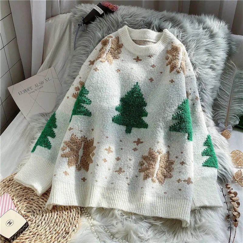 

2022 Winter Women Red Christmas Round Neck Pullover Long-sleeved Sweater New Thick Loose Snowflake Casual Soft Knitted Top