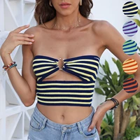 women fashion sexy tube tank tops front cutout ring strapless stripe bandeau vest summer backless crop tops streetwear