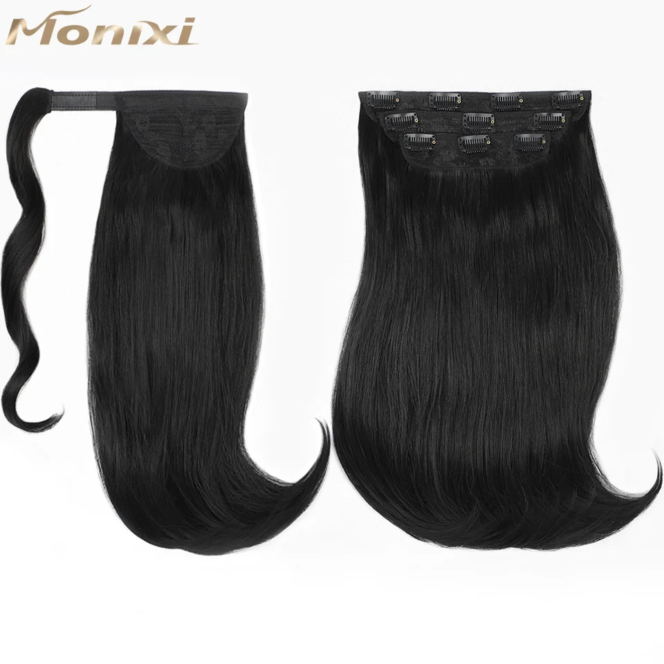 MONIXI Synthetic Black Ponytail Extension Long Straight Clip in Hair Extensions with Swooped Ends Half up Half down Hair Clip