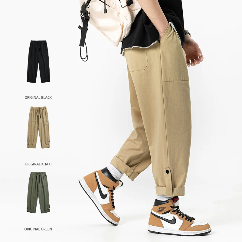 2023 Men's Long Pants Straight Japanese Style Loose Wide Leg Spring Trousers Drawstring Cargo Pants Bottoms