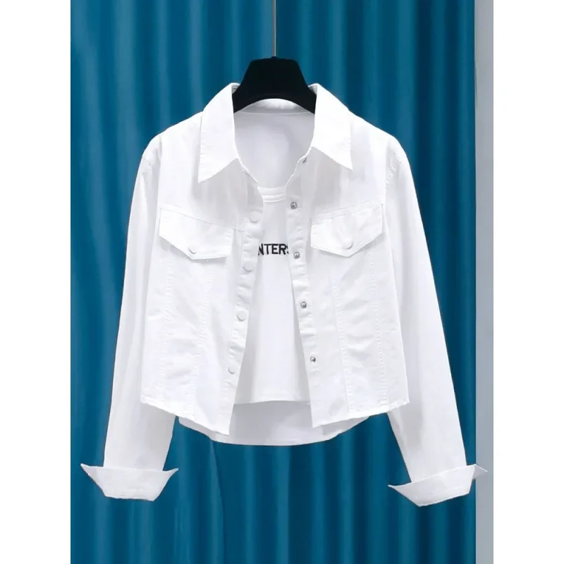 2024 укороченная женская однотонная куртка-рубашка с длинными рукавами