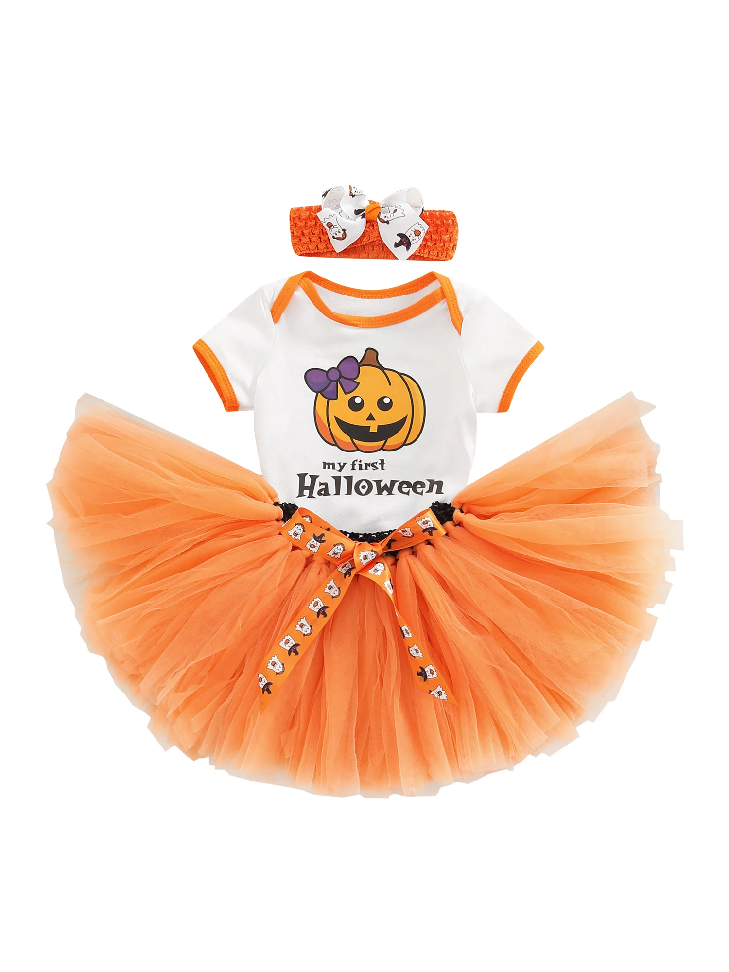 

Chollius Newborn Baby Girls Halloween Outfits Set Short Sleeve My 1st Halloween Embroidery Pattern Romper Shirt Top Mesh Ruffle