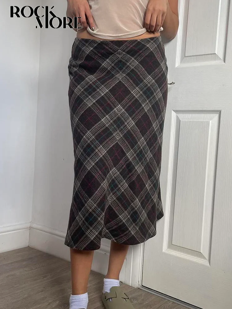 

Rockmore Vintage Plaid Striped Long Skirts Y2K Aesthetic Mid-Calf Women'S Skirt Straight Low Waist Korean Fairy Grunge Outfits
