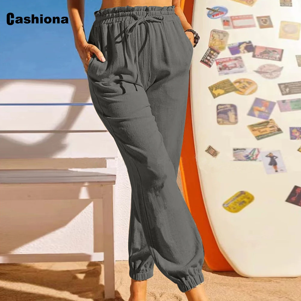 Women High Cut Pencil Pants 2022 Gray Straight Leg Trouser Latest Casual Drawstring Pantalon Oversize Female Pocket Design Pants