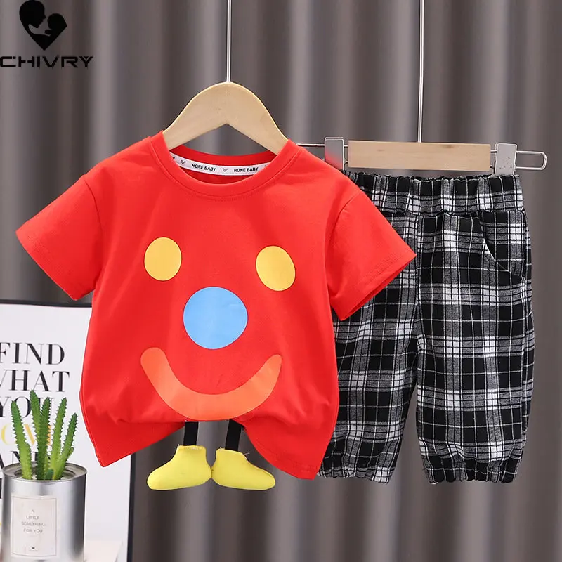 

Boys Summer Clothing Suit New 2023 Baby Boy Short Sleeve O-neck Cartoon Smile T-shirt Tops with Plaid Shorts Kids Clothes Sets