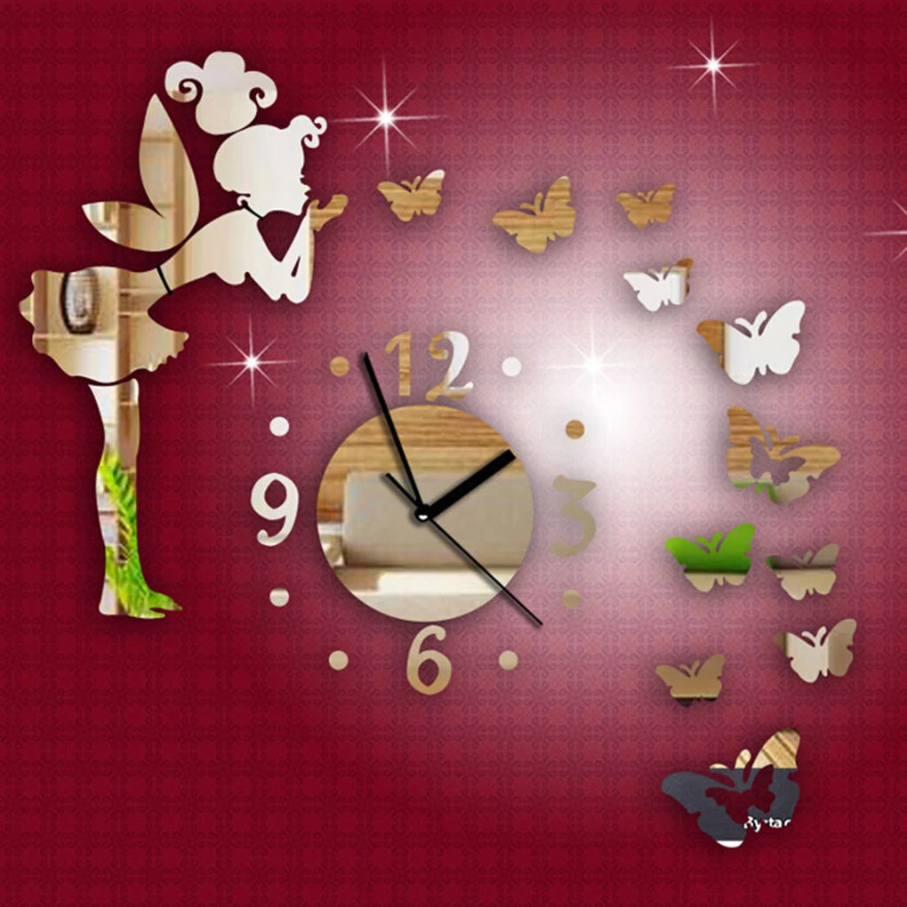 DIY 3D бабочки сказочная девушка зеркальные наклейки на стену настенные часы