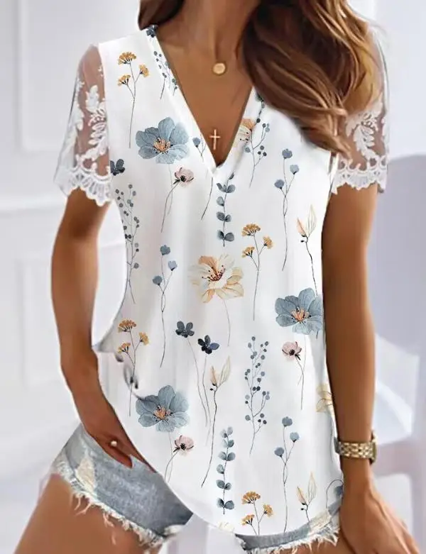 

Women's Clothing Floral Print Design Contrast Lace Button Notch Neck Sexy V-Neck Top Fashion Casual 2023 Summer Hot Sale