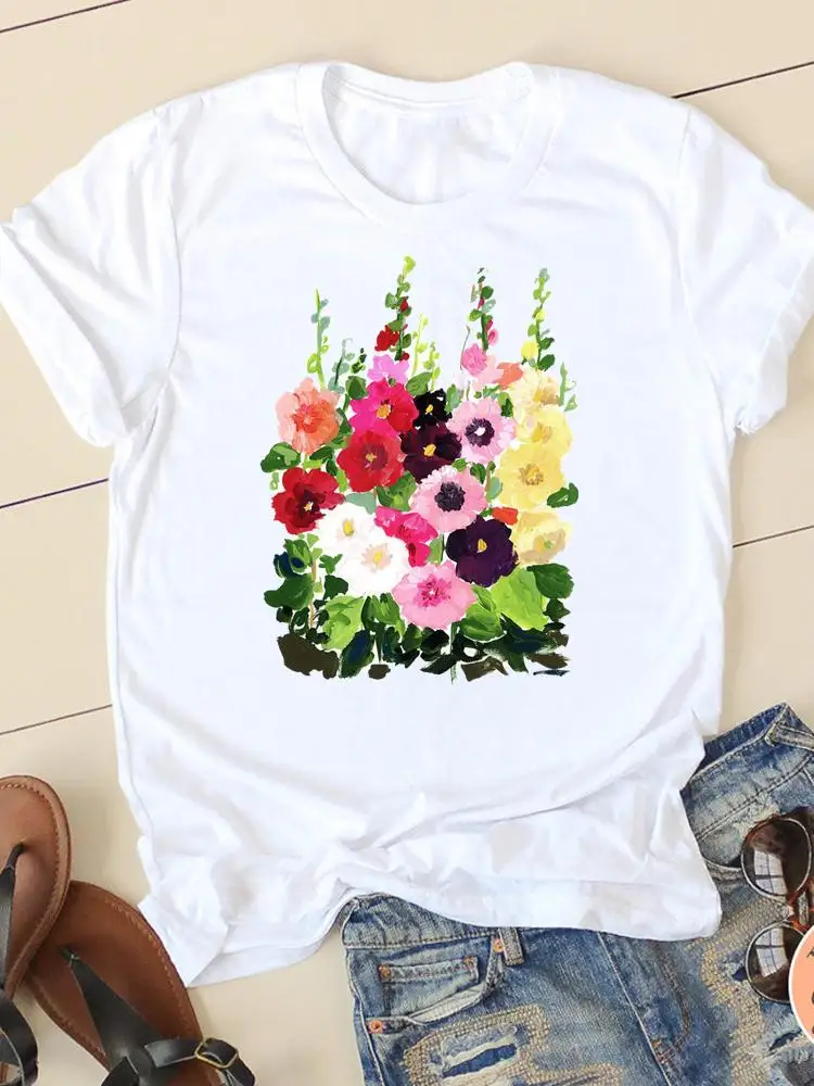 

Женская летняя футболка с коротким рукавом и цветочным принтом