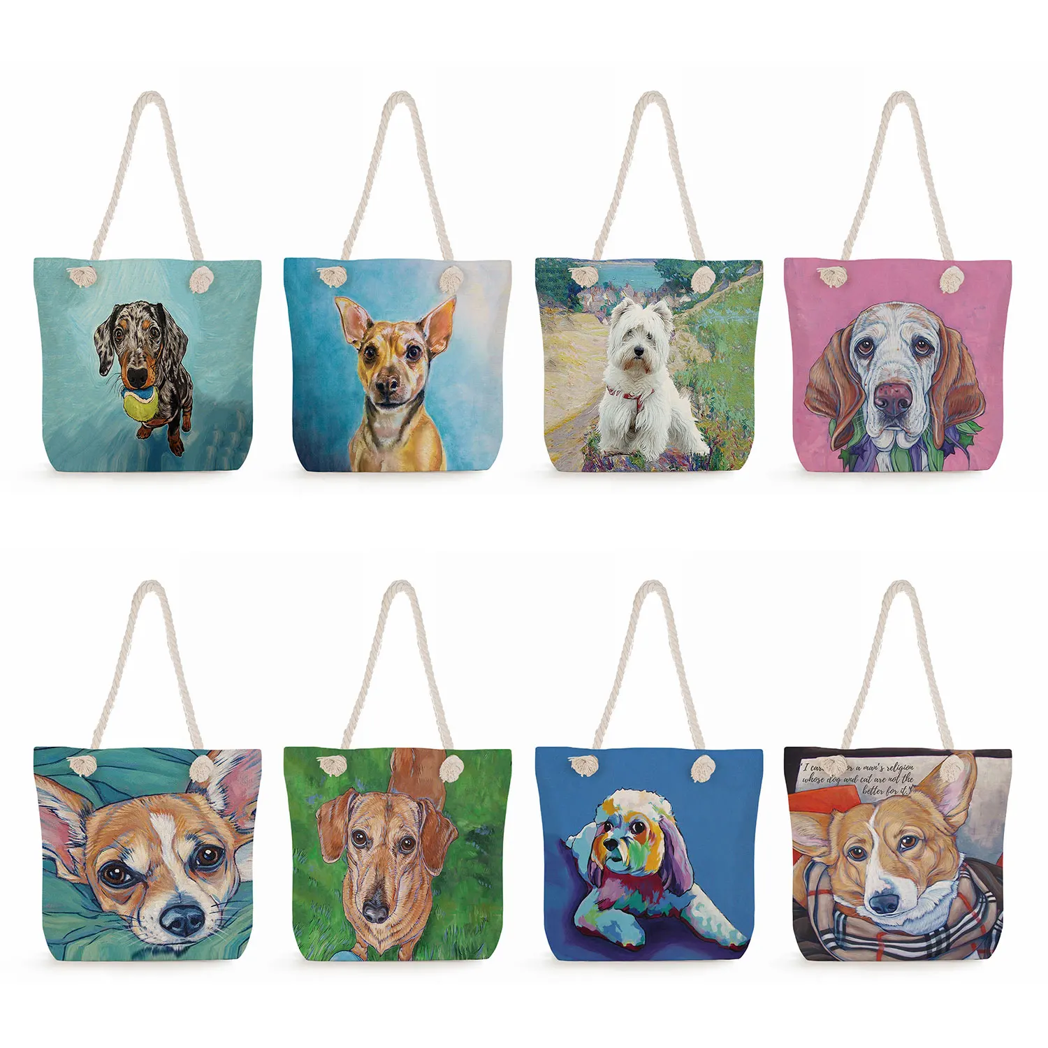 

For Groceries Papillon Pug Old English Sheepdog Women Handbags Cute Oil Painting Dog Print Shopping Bags Shoulder Large Capacity