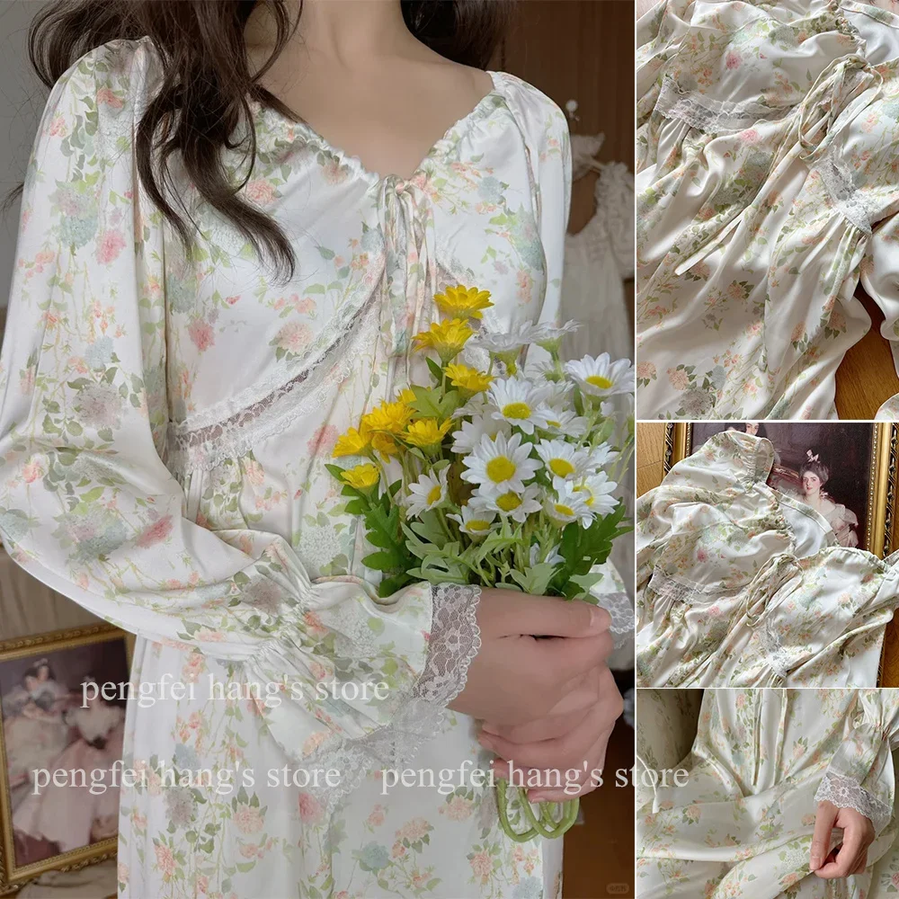 Drukuj kwiat bielizna nocna lodowy jedwab koszula w stylu francuskim Lady elegancki domowy szlafrok z długim rękawem Loungewear