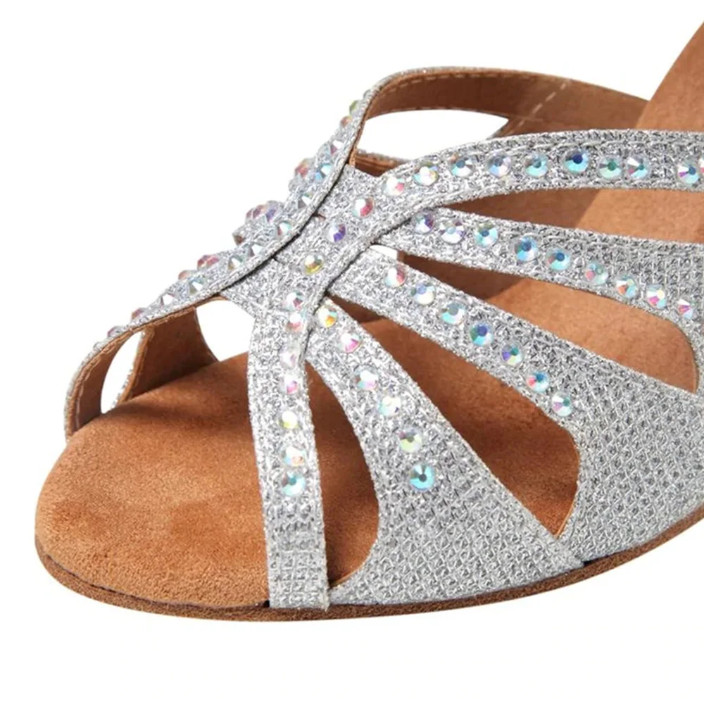 Women'S Latin Dance Shoes Silver Elegant Party Sandals Boots Female Women Rhinestone  Ballroom Dance Shoes Wedding Sandals