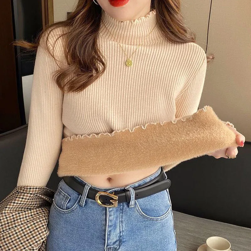 

Autumn One-piece Velvet Half Height Collar Thickening Solid Color Sweater 2022 Women Winter Keep Warm Slim Fashion Knitting Top