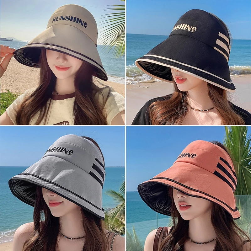 

New Fashion Letter Stripe Women Sun Hat Summer Outdoor UV Protection Beach Casual Sunhat For Lady Large Brim Visor Cap