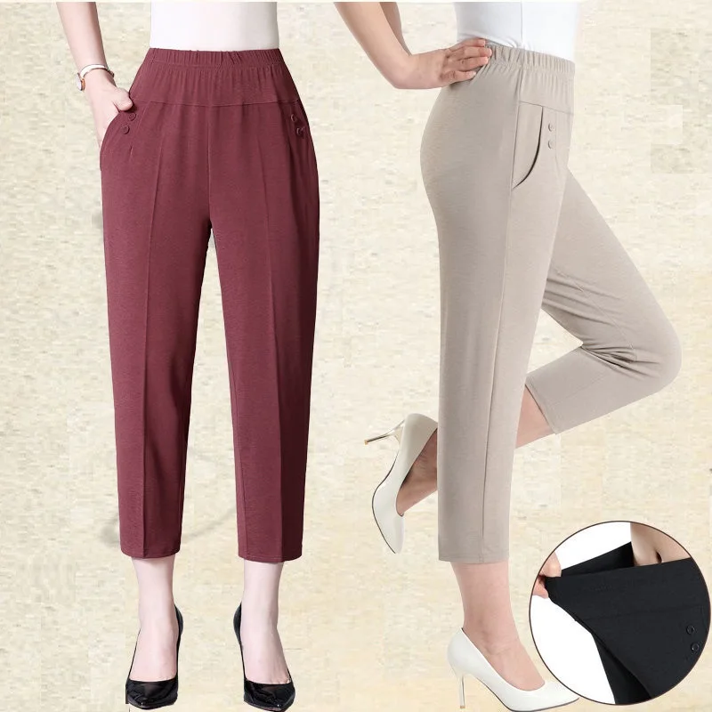 

Middle-aged Elderly Women's Summer Pants New Solid High Waist Elastic Casual Pants Loose Thin Female Seven-Point Straight Pants