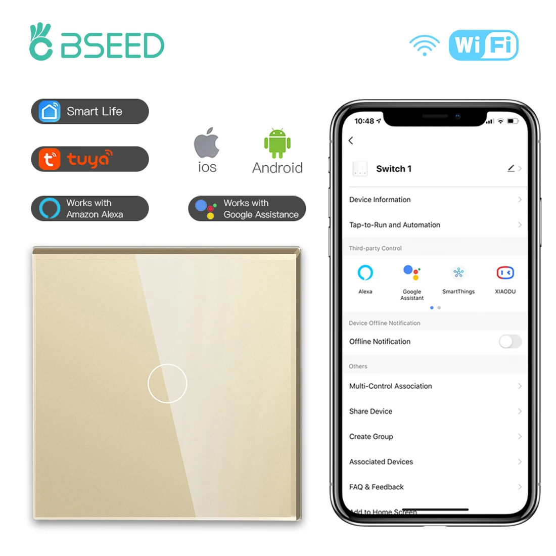

BSEED Сенсорные переключатели Wi-Fi 1/2/3 Gang стеклянная панель