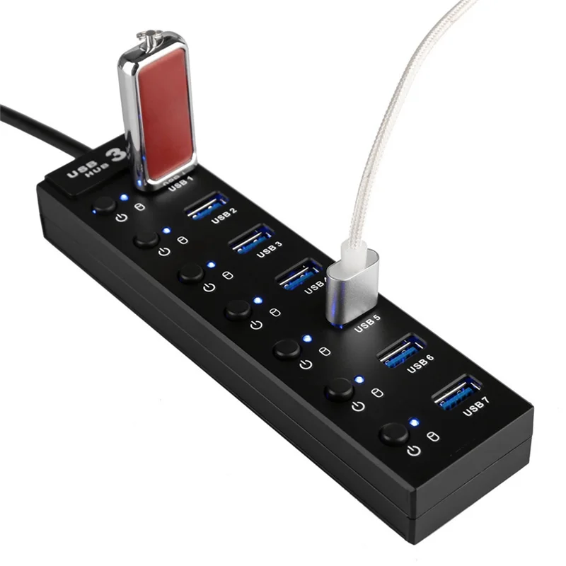 Фото USB-концентратор 3,0, USB-разветвитель, 7-портовый USB-разветвитель для ноутбука с индивидуальным переключателем ВКЛ/ВЫКЛ и ярким индикатором, ультратонкий для Mac Pro №1