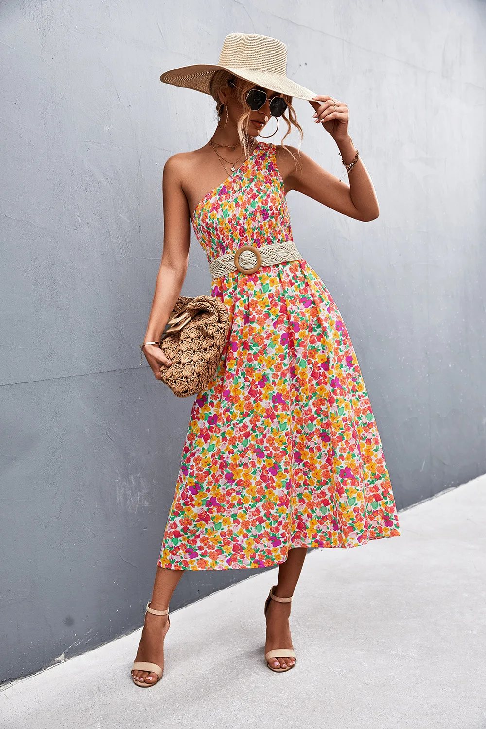 

Sexy Slanted Shoulder Flower Print Dress Female 2022 Spring and Summer New Fashion Mid-length High Waist Sleeveless Dress Vestir