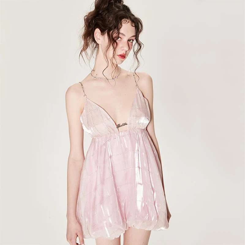 

Women Strap Sleeveless Princess Dress V Neck Bright Silk Bubble Skirt Evening Party Prom Mini Fairy Dress Sexy Backless Clubwear